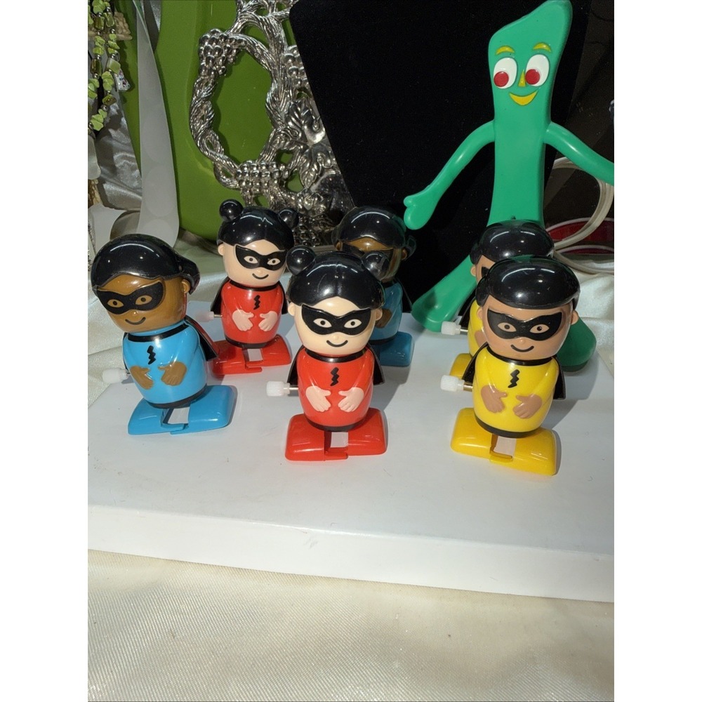 6 Superhero Wind Up Toys Working Masked 2 Red 2 Yellow 2 Blue 2.5" high +Gumby